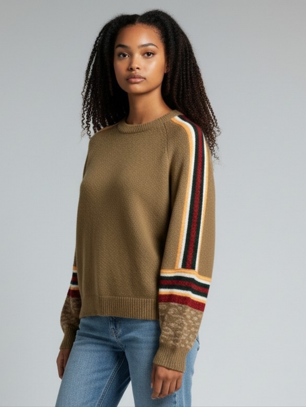 BiBi Women's Olive Brown Sweater with Colorful Sleeve Stripes And Animal Print S